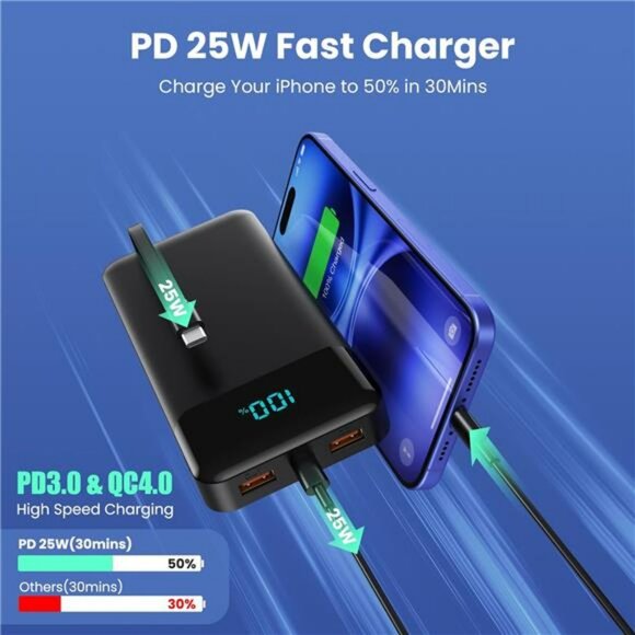 40800mAh Power Bank Fast Charger Built In Cables USB C for iPhone Android - Picture 3 of 8